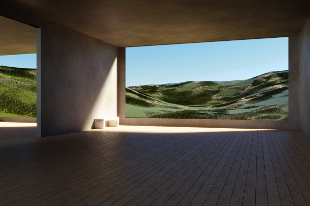 房间配有长凳和大窗户，可以看到美丽的风景和青山。三维演示图片下载