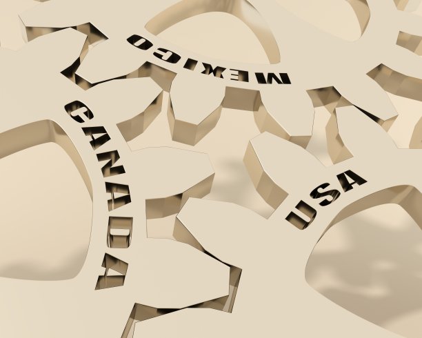 美墨加协定概念。连接齿轮与国家名称。工会。三维渲染图片下载