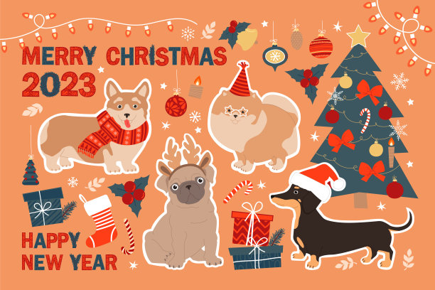 2023年圣诞快乐，新年快乐。一套可爱的贴纸与狗和圣诞元素。现代平面插图。图片下载