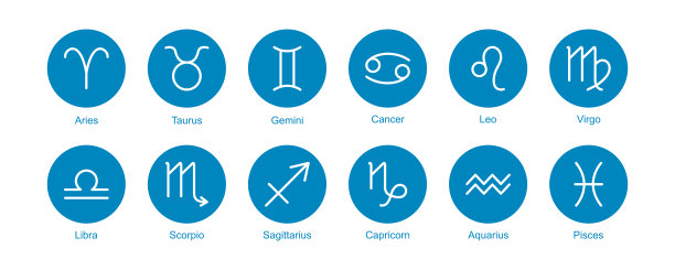 十二生肖矢量，占星术图标，星象符号，十二元素集，蓝色圆圈象形。简单的线条插图图片下载