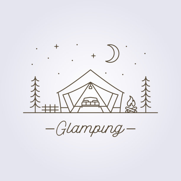 露营地与露营帐篷在自然标志线艺术矢量插图设计图片下载