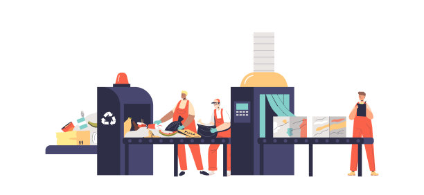 穿着制服的工人在垃圾回收传送带上分类垃圾。垃圾分类和分离装置图片下载