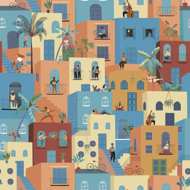 波普艺术风格的无缝图案。人们穿着便服站在阳台和窗户上。图片下载