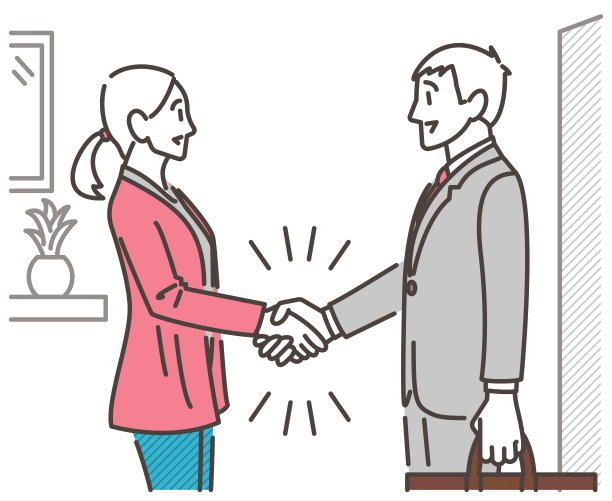 女人在门口与挨家挨户的男推销员握手[矢量插图]。图片下载