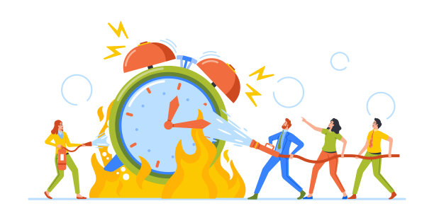 小人用消防软管熄灭巨大的闹钟。时间概念，截止日期，压力图片下载