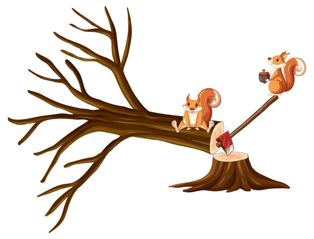 一只松鼠正在用斧头砍木头图片下载