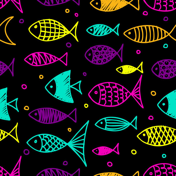 黑色背景上的涂鸦风格的鱼的图案图片下载