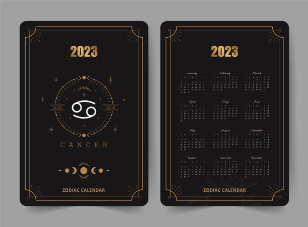 2023年巨蟹座生肖日历。口袋大小。前后两面。一周从周日开始。占星矢量模板准备打印。垂直布局的英文与星座图片下载
