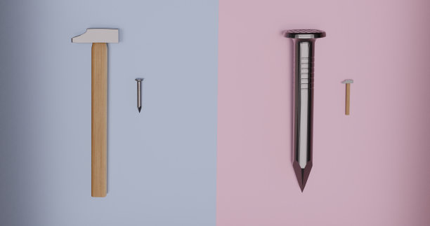 倒置比例锤和鞋钉的3D插图图片下载