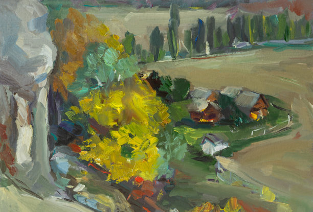 秋季乡村风景油画。图片下载