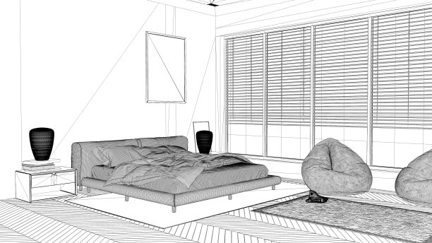 蓝图项目草案，现代卧室，大全景窗，双人床地毯和垫子，人字拼花地板，最小的室内设计，放松的概念想法，建筑图片下载