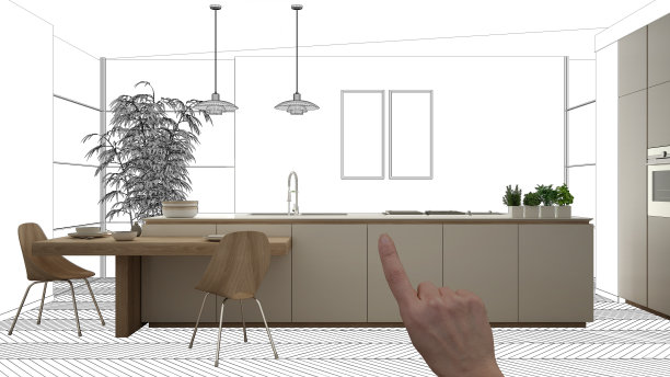 未完成项目，在建草图，概念室内设计草图，手绘实木厨房，图纸背景，建筑师和设计师的想法图片下载