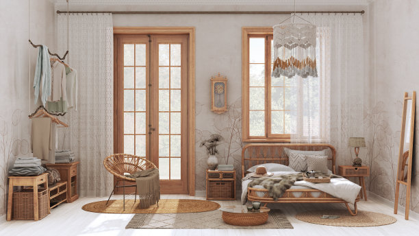 波西米亚风格别致的农舍卧室，藤床和家具。白色和米色的黄麻地毯和装饰。花卉墙纸，波西米亚风格的室内设计图片下载