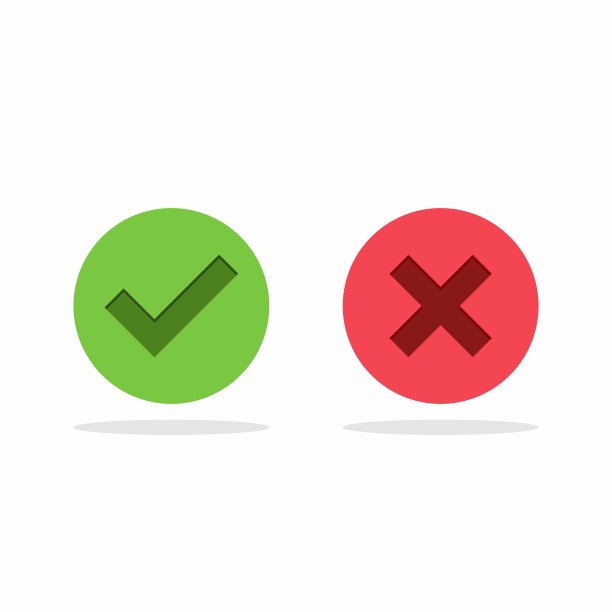 检查和错误标记，勾选和交叉标记，接受/拒绝，批准/不批准，是/否，对/错，绿色/红色，正确/错误，Ok/不Ok -矢量标记符号，绿色和红色。孤立的图标。图片下载
