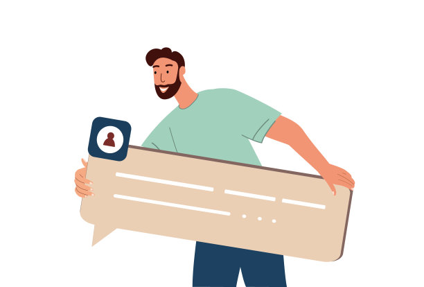 网页设计师Man手持大文字对话标志进行在线交流，设计messenger网站的UI UX。数字聊天应用界面布局用于发送、接收消息。平面向量插图图片下载