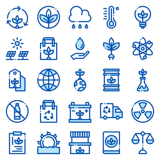 一套50生态网络图标在线条蓝色风格。回收，生物，可再生能源。轮廓图标集合。矢量图图片下载