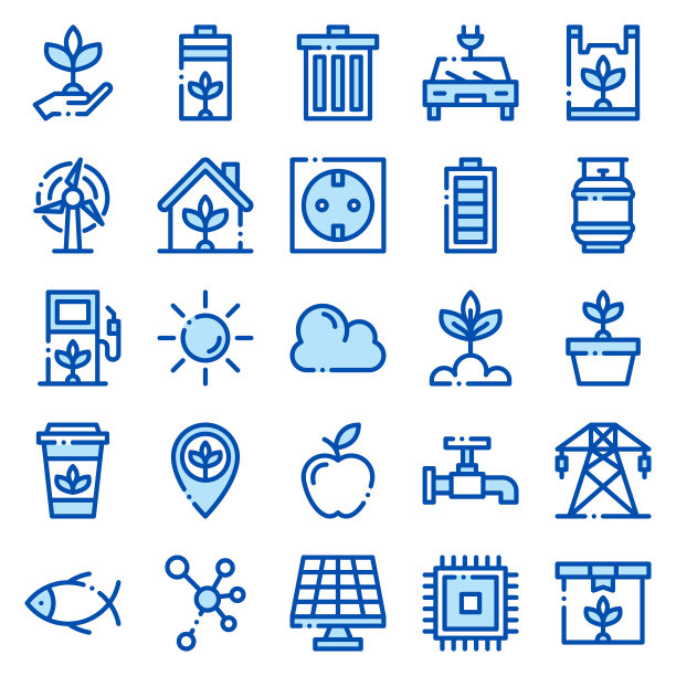 一套50生态网络图标在线条蓝色风格。回收，生物，可再生能源。轮廓图标集合。矢量图图片下载