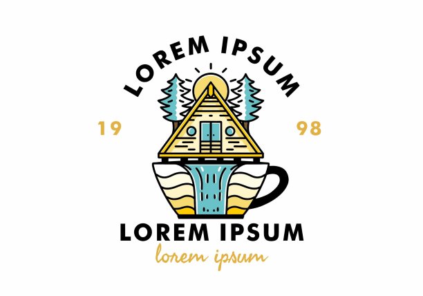 木屋和松树在咖啡杯形状与瀑布插图图片下载