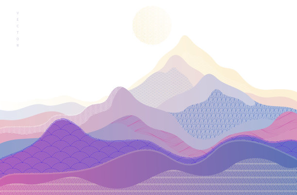 抽象的东方日本艺术矢量背景，传统风格的设计，波浪形的山峦地形景观，奔流似海的线条。图片下载