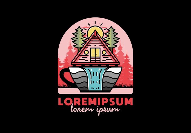 木屋和松树在咖啡杯形状与瀑布插图图片下载