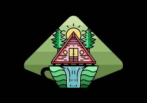 木屋和松树在咖啡杯形状与瀑布插图图片下载