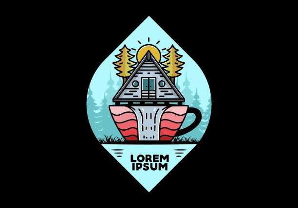 木屋和松树在咖啡杯形状与瀑布插图图片下载