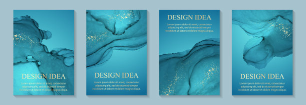 水彩背景与抽象的蓝绿色墨水波和金色的飞溅。图片下载