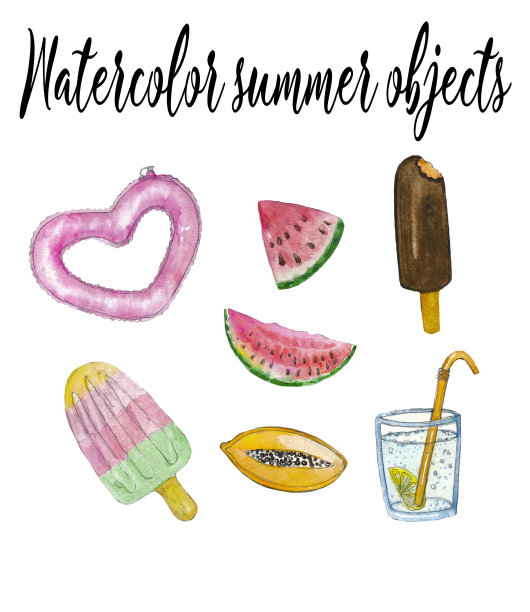 水彩手绘夏日物件，手绘冰淇淋，西瓜，水果冰淇淋，水杯，橡胶圈，夏日套装图片下载