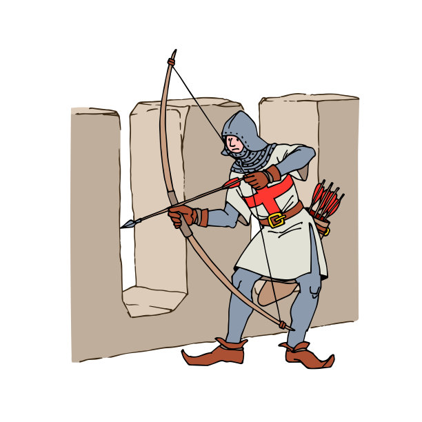 堡垒墙上的英国弓箭手。拿着长弓的十字军战士。图片下载