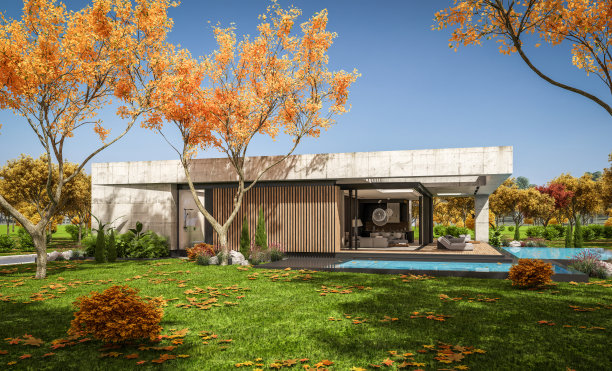 秋日现代风格的新混凝土房子的3d渲染图片下载