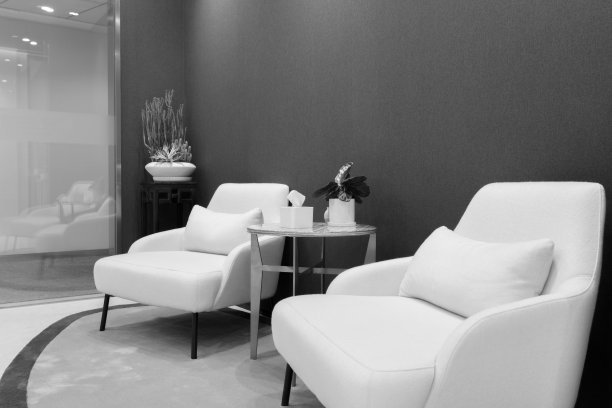 办公室等候区，两张沙发和茶几，黑白效果图片下载