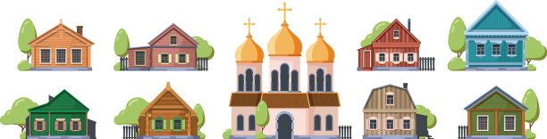 古老的俄罗斯村庄传统的木排房屋图片下载