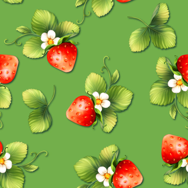 草莓背景花，野生浆果，树叶。绿色上无缝图案。图片下载