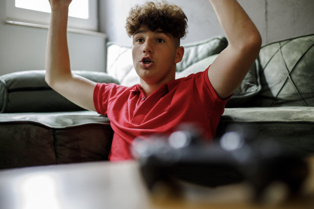 一名少年在电子游戏中获胜后高兴地欢呼。图片下载