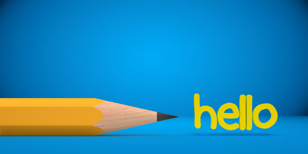 尖锐的铅笔指向Hello文本背景，复制空间。图片下载