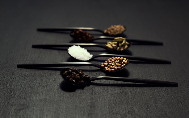 印度菜中用于烹调、调味和烹饪的香料、调味料和盐。一套调羹配上各式各样的香料，做成一道美味的菜肴或盛宴图片下载