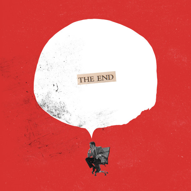 当代艺术拼贴。深思熟虑的商人坐在椅子上，绞尽脑汁。项目的结束。新的开始图片下载