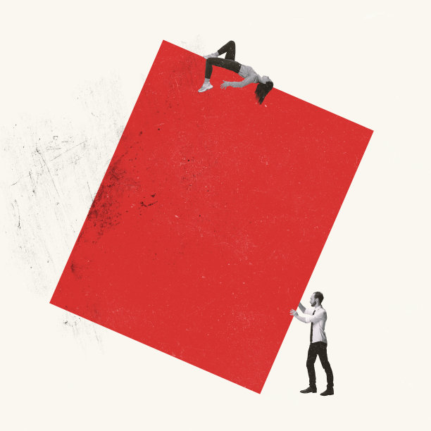 当代艺术拼贴。年轻的办公室职员拿着和推着大块躺在上面的女人。团队合作和协助图片下载