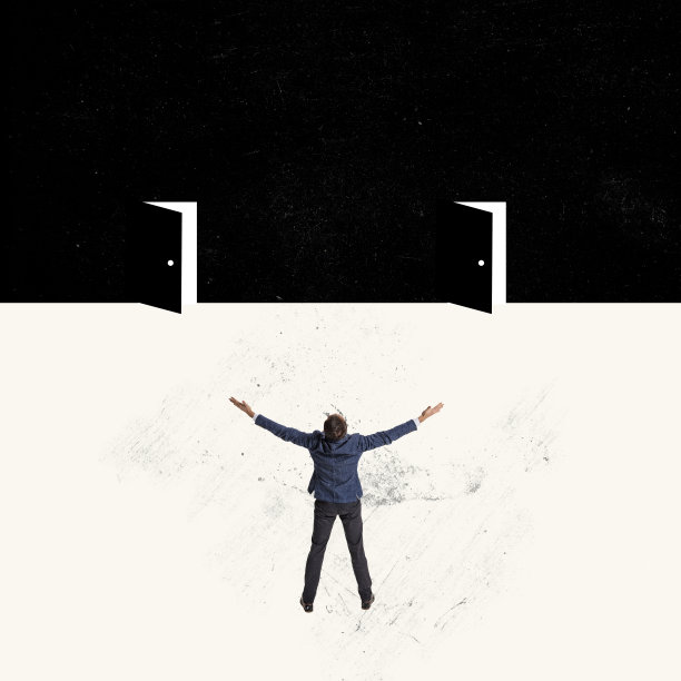 当代艺术拼贴。成功的商人庆祝职业发展。所有的门都开着图片下载