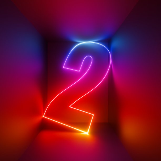 3d渲染，红色蓝色霓虹灯二号，数字符号内的方形盒子在红外线发光图片下载