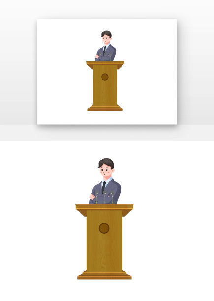 蓝色西装男人卡通演讲台和演讲的人图片下载