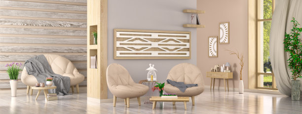 现代客厅室内设计有沙发和两把扶手椅，植物，3d渲染图片下载