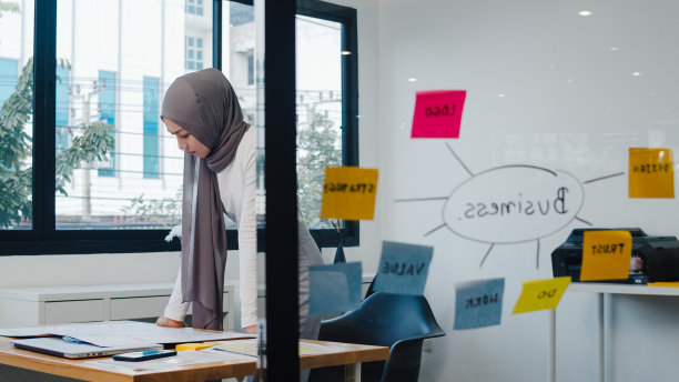 亚穆斯林女士在新常态办公室的纸上画工作计划想信息提醒。图片下载