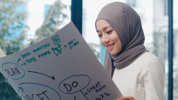 亚穆斯林女士在新常态办公室的纸上画工作计划想信息提醒。图片下载