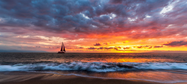 日落海洋帆船船剪影热带海滩景观旗帜图片下载