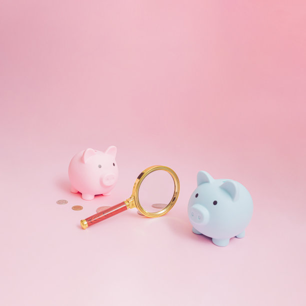 粉彩粉红和蓝色的存钱罐与放大镜和硬币在粉红色的背景。金钱储蓄，理财调查的理念。图片下载