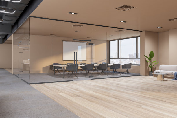 干净的混凝土、玻璃和木制会议室内部，有窗户和城市景观。法律与法律，企业职场概念。3 d渲染。图片下载