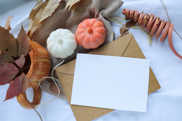 秋天的成分。陶瓷橙色杯在南瓜形状与秋天的叶子和手工大豆蜡烛在南瓜的形状图片下载