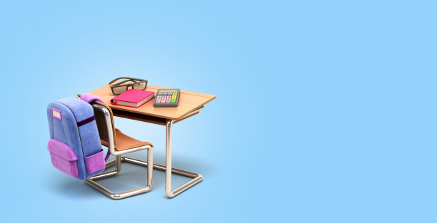 学校桌椅与学校供应3d渲染蓝色梯度图片下载
