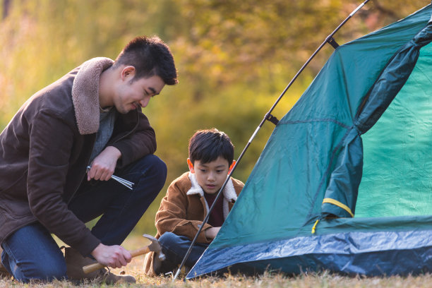 父亲和儿子在秋天的树林和草地上露营，儿子向他的父亲学习如何修理帐篷里的照片图片下载